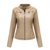Chic women's slim leather biker jacket with zip detail, stand-up collar, and tailored fit for a stylish urban look.