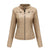 Chic women's slim leather biker jacket with zip detail, stand-up collar, and tailored fit for a stylish urban look.