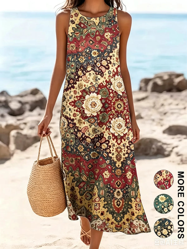 Wrinkle-resistant polyester floral dress with elegant midi silhouette