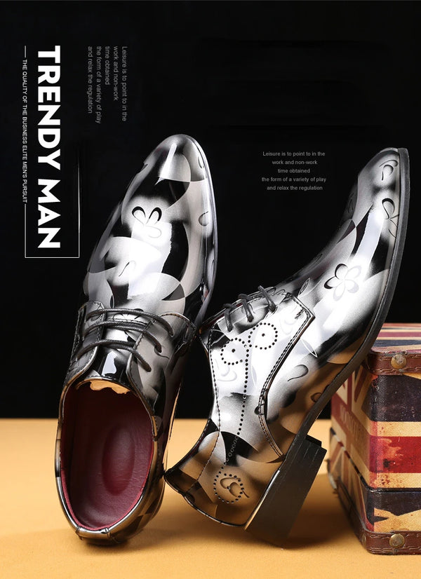 Stylish pointed toe design of elegant floral men's dress shoes.