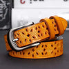Women's Vintage Leather Belt with Pin Buckle in red, black, white, coffee, and camel for casual or formal wear.