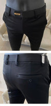 Slim fit business dress pants for men in black, khaki, and navy blue, perfect for autumn office wear and smart casual events.