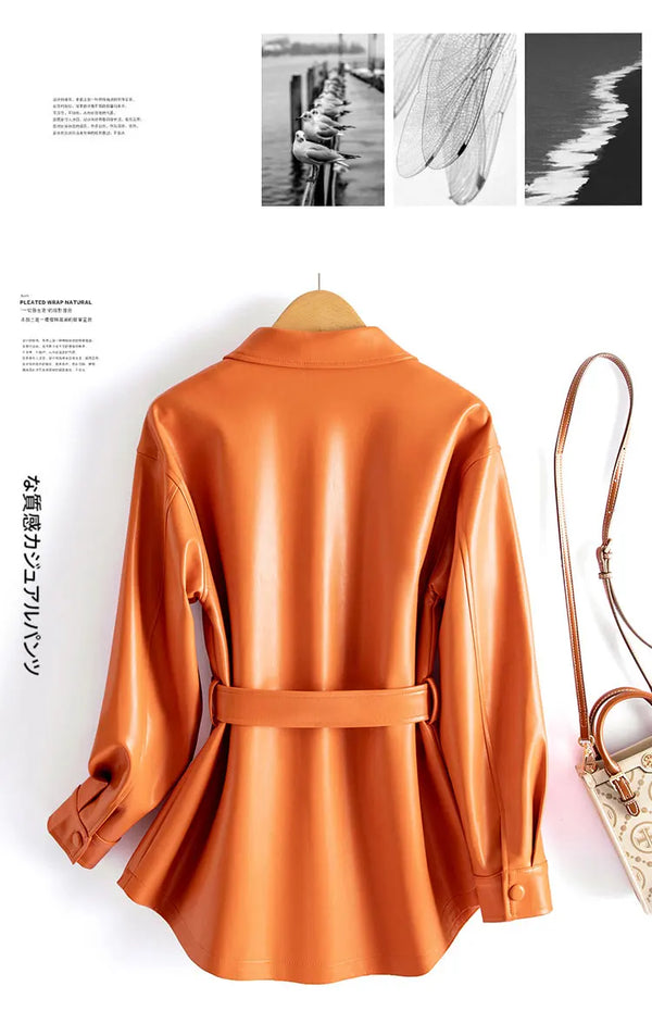 Chic women's sheepskin leather jacket with turn-down collar, lace-up belt, and adjustable waist for a stylish fit.