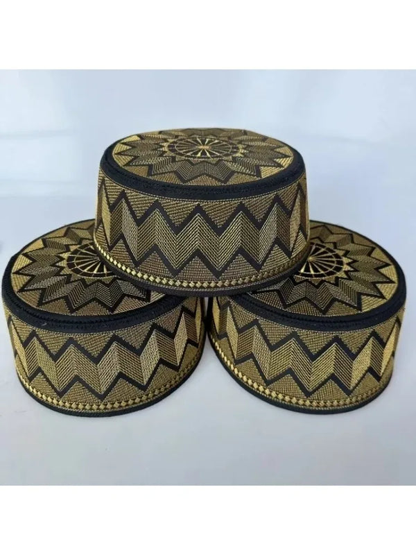 Men's embroidered Islamic cap in gold featuring handcrafted tatting weave techniques