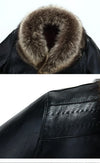 Detail of button closure on luxurious men's leather jacket.