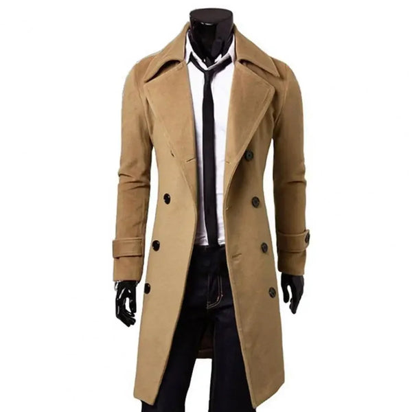 Classic double-breasted men's wool trench coat in solid color, perfect for winter and versatile for casual or professional we