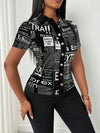 Chic Newspaper Print Blouse featuring a V-neck and short sleeves, perfect for casual or office wear in summer.