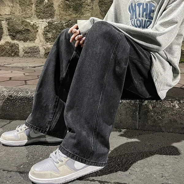 Elastic waist wide-leg jeans for men in durable black denim fabric