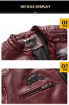 Stylish Men's PU Leather Biker Jacket in red, dark blue, and black with embroidery, perfect for winter and casual outings.