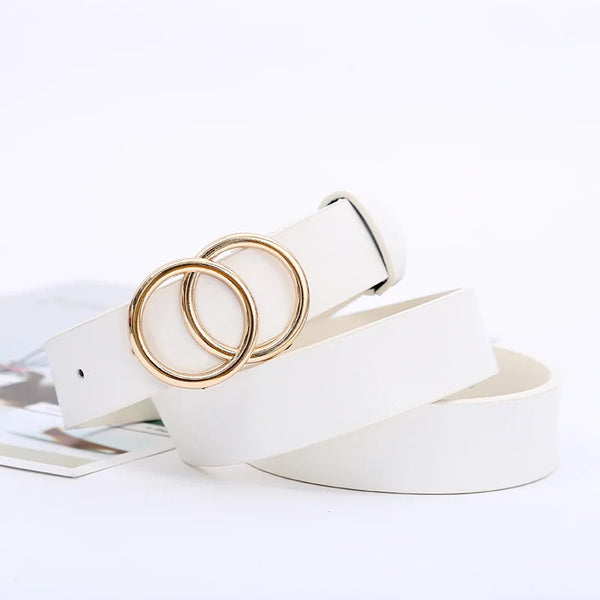 Chic double ring PU leather belt for women in classic black, perfect for jeans and dresses, stylish and adjustable accessory.