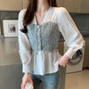 Elegant V-Neck White Chiffon Blouse for Women, lightweight, breathable, full-length sleeves, perfect for casual or office wea