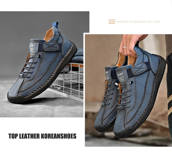 Handmade leather loafers on autumn leaves demonstrating versatility for spring and fall weather conditions
