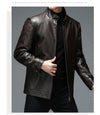 Classic goatskin leather jacket for men, lightweight, stylish, with stand collar and zipper, perfect for casual and business