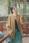 Women's stand collar coat in breathable cotton linen with regular fit cut