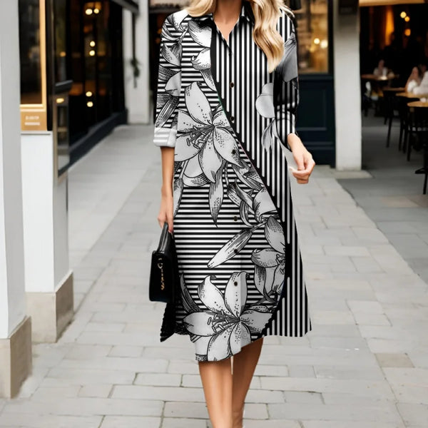 Timeless Bloom Collared Dress with 3D Floral Print