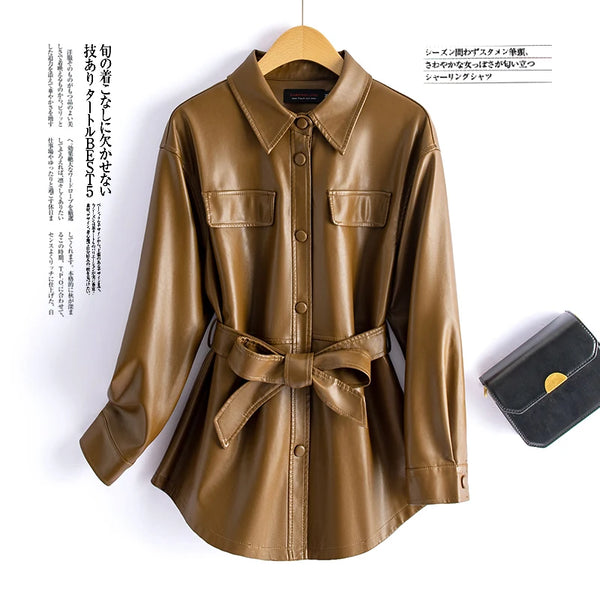Chic women's sheepskin leather jacket with turn-down collar, lace-up belt, and adjustable waist for a stylish fit.