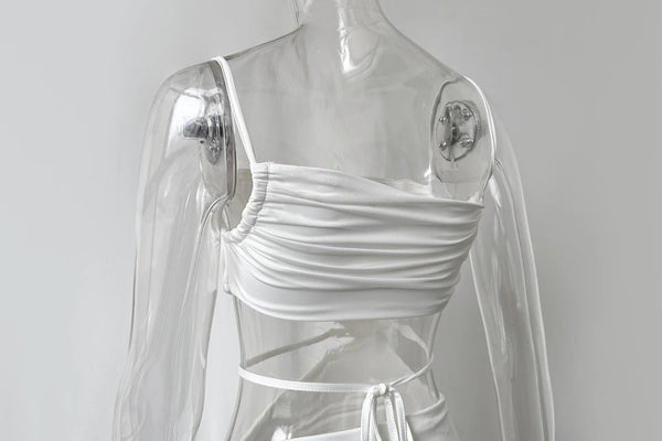 Breathable ankle-length dress with diagonal neckline and drawstring