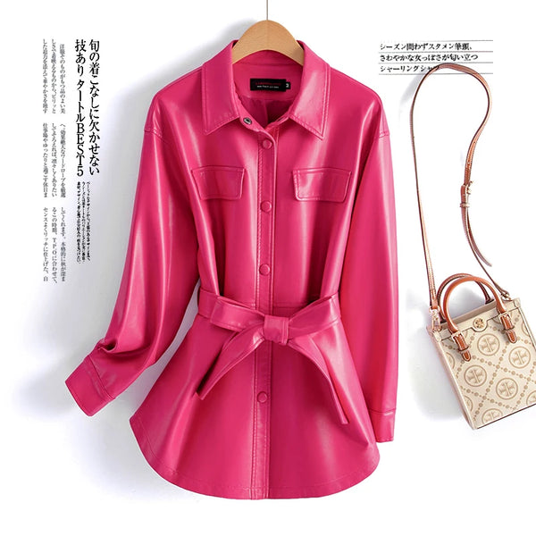 Chic sheepskin leather jacket for women with turn-down collar, lace-up belt, and adjustable waist for a stylish fit.