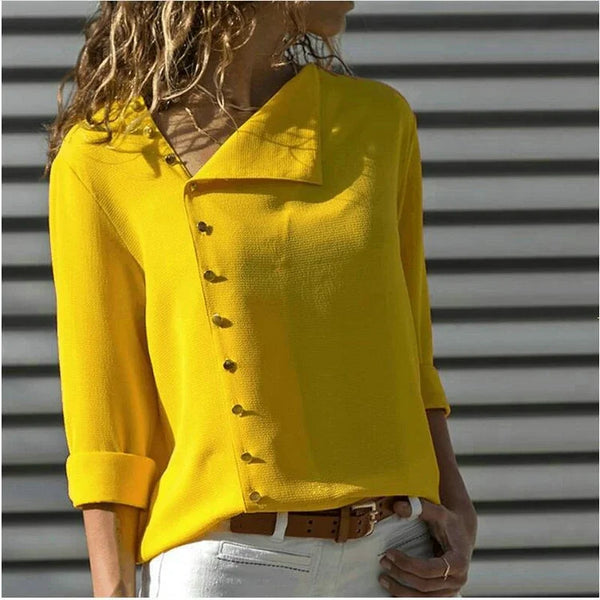 Elegant long sleeve office blouse for women, double-breasted, slim fit, versatile for business attire in various colors.