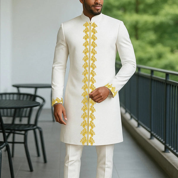 Side angle of African heritage outfit showing relaxed fit and patchwork panel placement