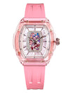 Close-up of the sapphire crystal watch highlighting its elegant curves and design.