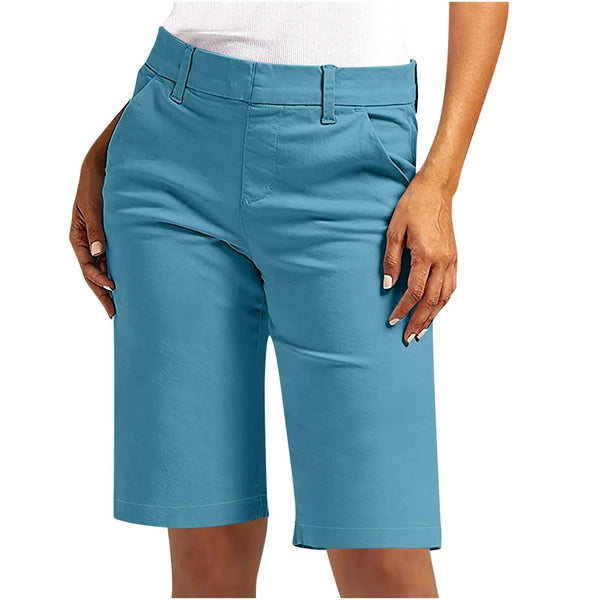 High-waisted chino cargo shorts with straight leg and button fly closure