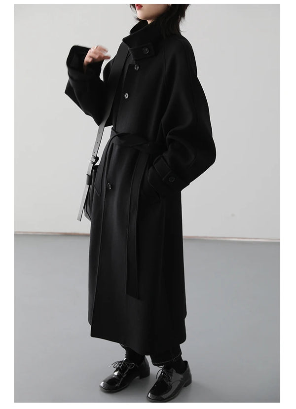 Timeless wool trench coat with defining belt and extended coverage