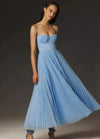 High-stretch evening dress featuring vintage-inspired suspenders and flowing pleated skirt