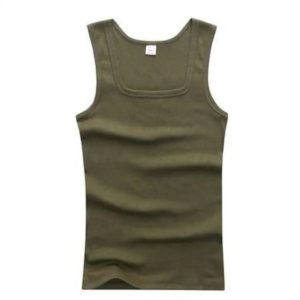 Solid pattern cotton tank featuring slash neck design for unrestricted movement