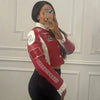 Chic PU leather Y2K motorcycle jacket for women with trendy letter print, perfect for casual outings in spring and autumn.