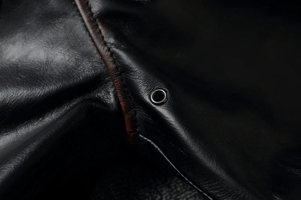 Close-up of the turn-down collar on the Vintage A2 leather flight jacket.