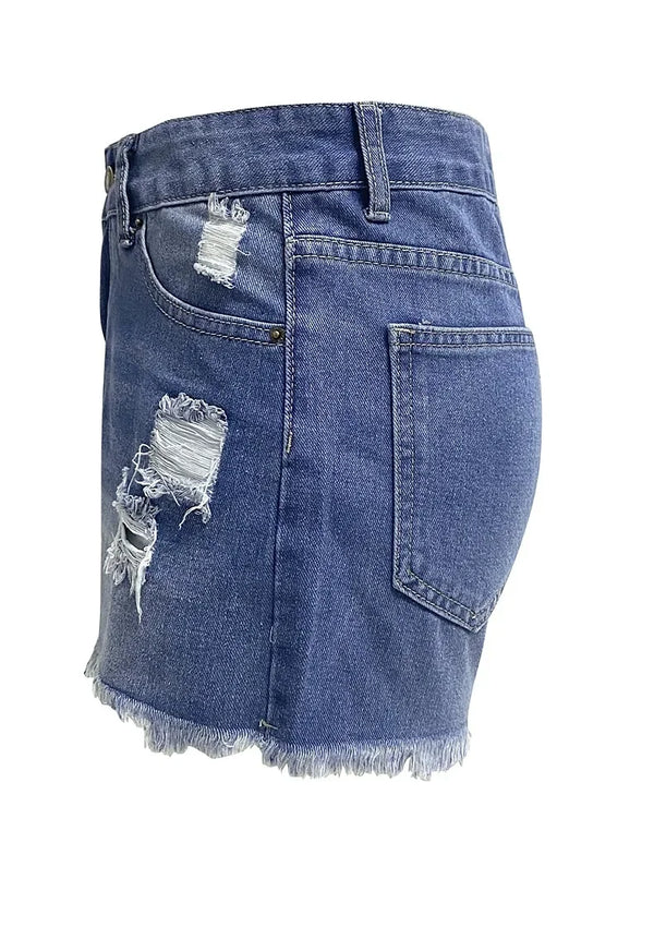 Light wash denim shorts with vintage button fly and carefully placed distressing