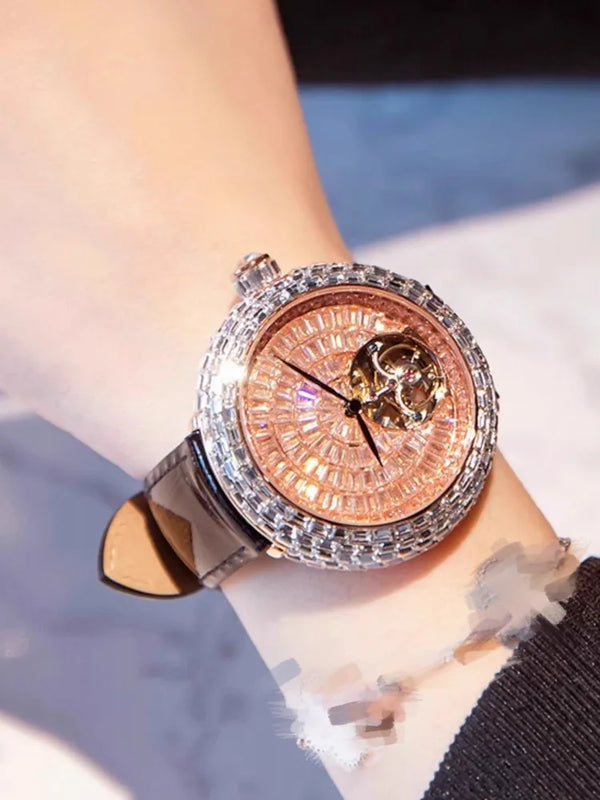 Detailed view of the diamond-studded features of the Timeless Whisper watch.