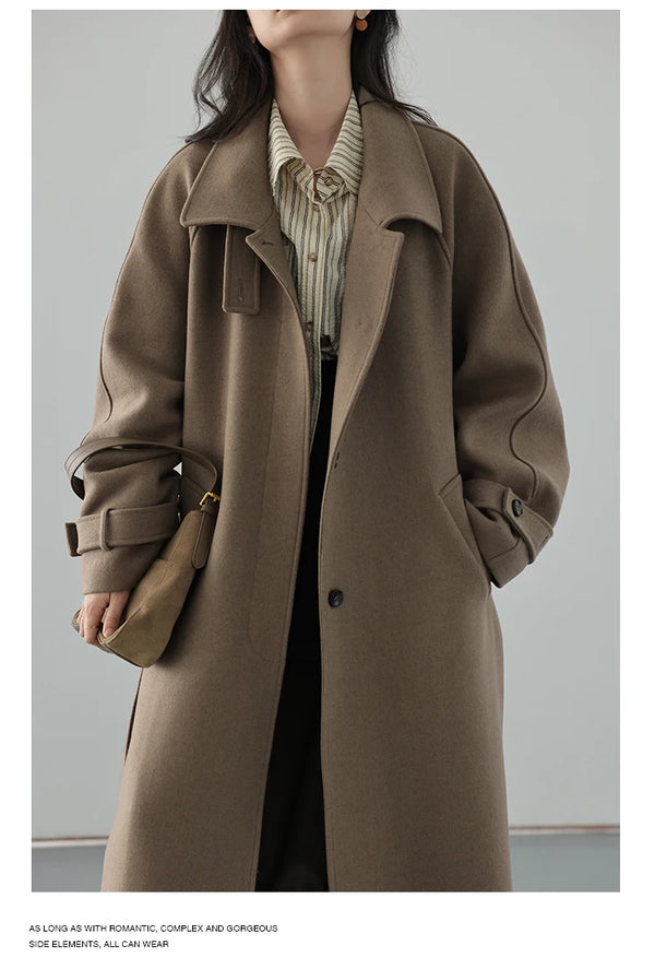 Contemporary belted coat in wool blend with refined turtleneck collar