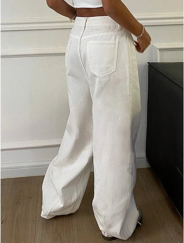 White cotton denim wide leg jeans with stretchy fabric and flattering high rise