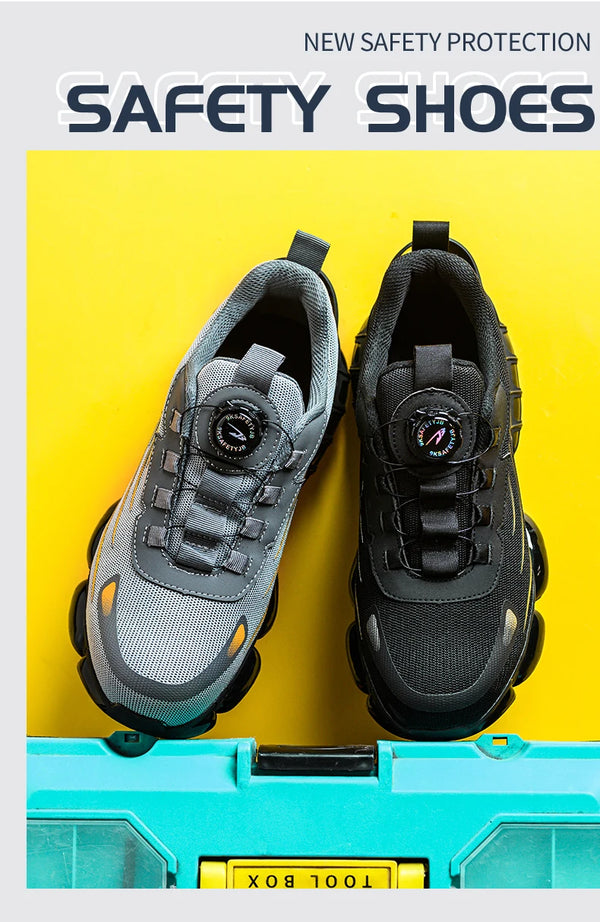 Safety boots showing rotating button closure mechanism and steel toe protection features