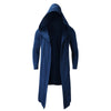 Men's hooded fleece-lined winter trench coat in black, featuring a mandarin collar and open stitch closure for easy layering.