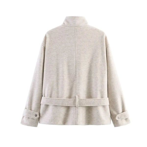 Women's turtleneck jacket with adjustable sash belt and smooth zipper closure