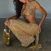 Sparkle & Sway sequined V-neck crop top with tassel fringe mini skirt two-piece party set