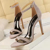 Leg elongating sandals with adjustable ankle strap support