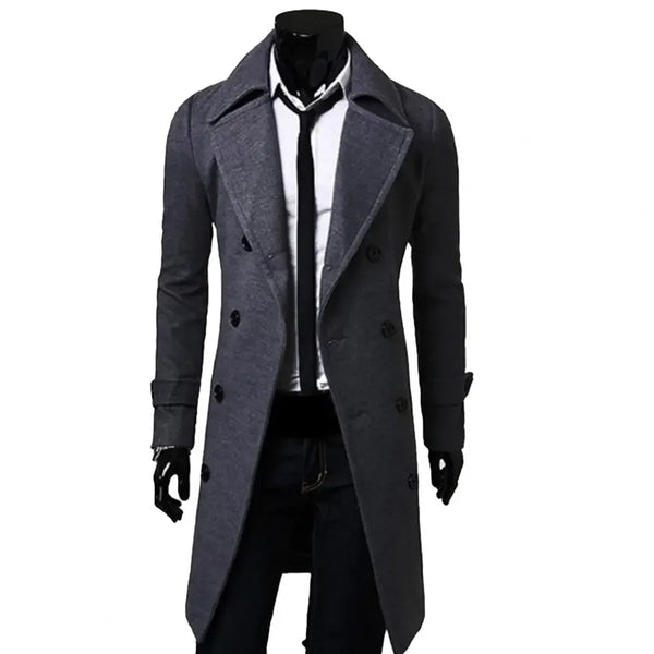 Classic double-breasted men's wool trench coat with turn-down collar, tailored fit, perfect for winter and professional wear.
