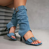 Fashion-forward mid-calf boots combining casual denim with luxe suede material