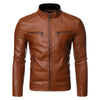 Sleek men's faux leather moto jacket with stand collar, perfect for casual and party wear in spring and autumn.