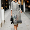 Polyester floral dress with long sleeves and sophisticated lapel design