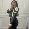 Chic PU leather Y2K motorcycle jacket for women with trendy letter print, perfect for spring and autumn casual outfits.