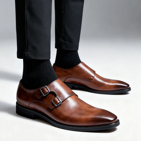 Monk strap leather oxfords showing premium craftsmanship and buckle hardware