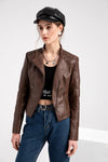 Women's slim fit PU leather motorcycle jacket in black, windproof, durable, perfect for spring and autumn rides.