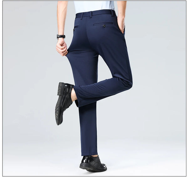 Navy blue breathable dress pants maintaining crisp appearance during long workday