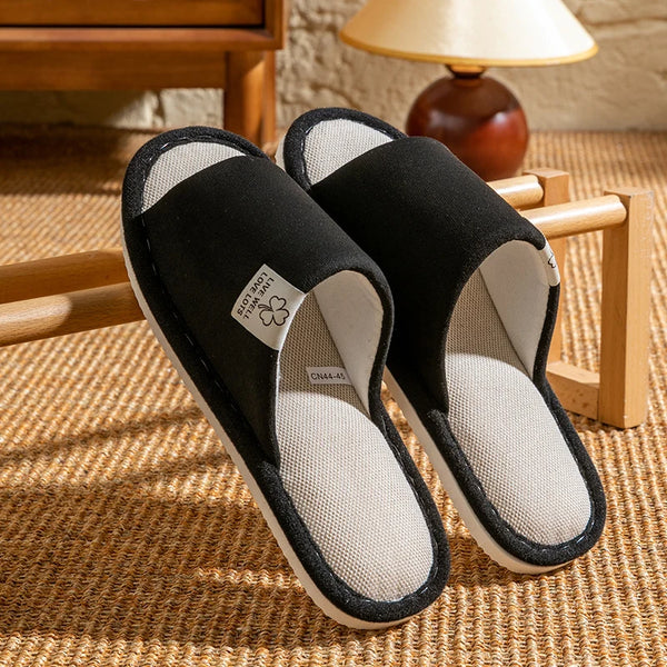 Comfortable cotton-linen slippers in spa-like home environment