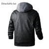 Men's autumn winter PU leather moto jacket with detachable hood, mandarin collar, and zippered accents for stylish comfort.